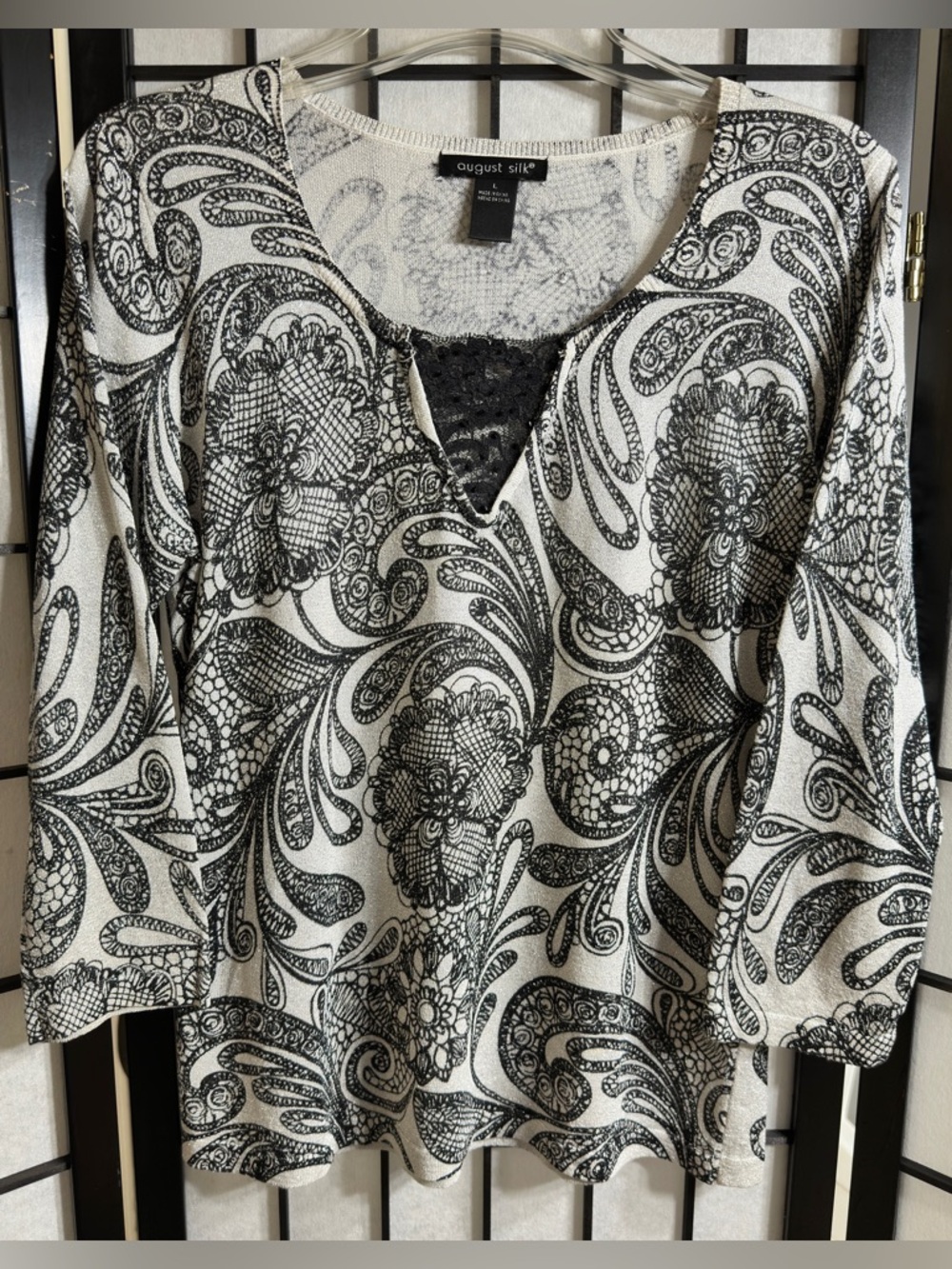 August Silk Knit Top Silver Metallic & Black Paisley Print Lace Detail SZ Large